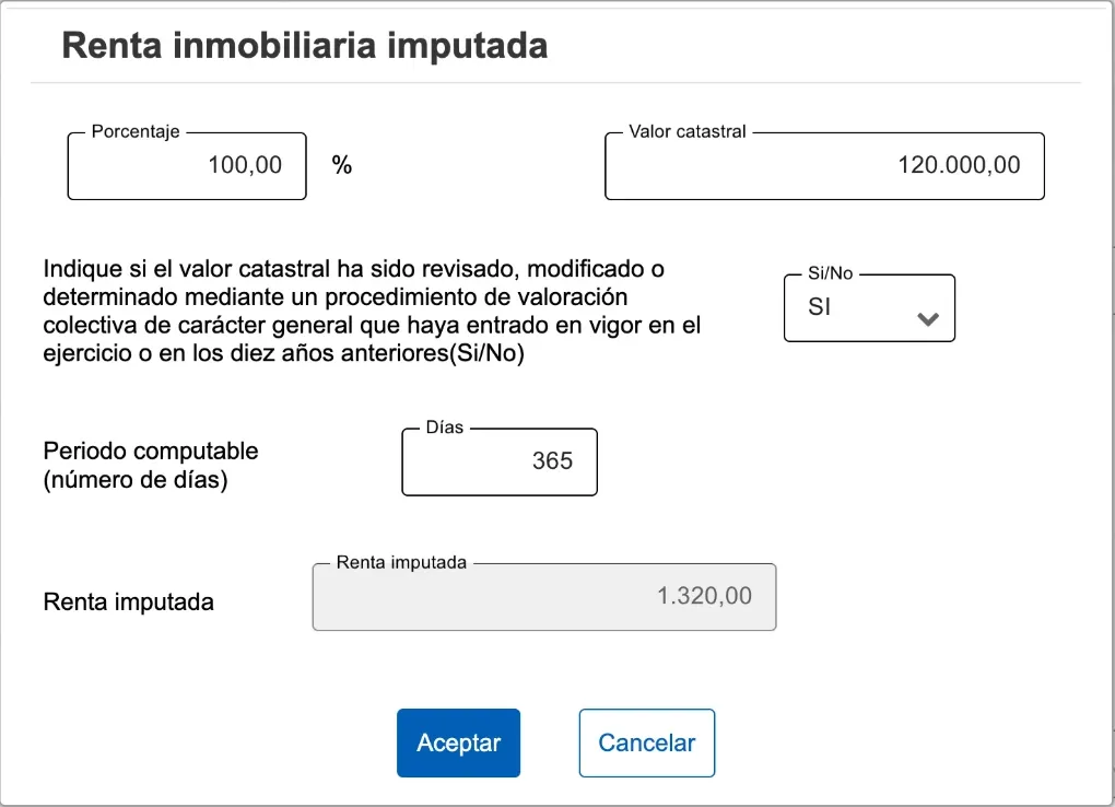 The form's imputed income calculator with 100% ownership, a cadastral value of 120,000 euros, Sí and 365 days, showing 1,320 euros
