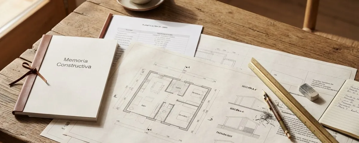 Illustrative image: construction drawings, a specification binder and a scale ruler on a wooden table