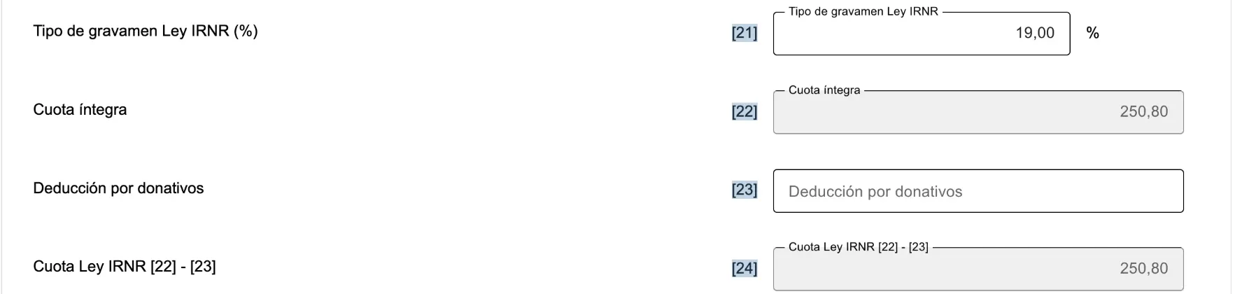 The Liquidación part with a tax rate of 19% in box 21 and 250.80 euros in boxes 22 and 24