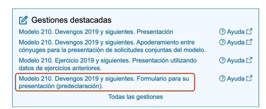 The Modelo 210 page of the tax agency, with its main links