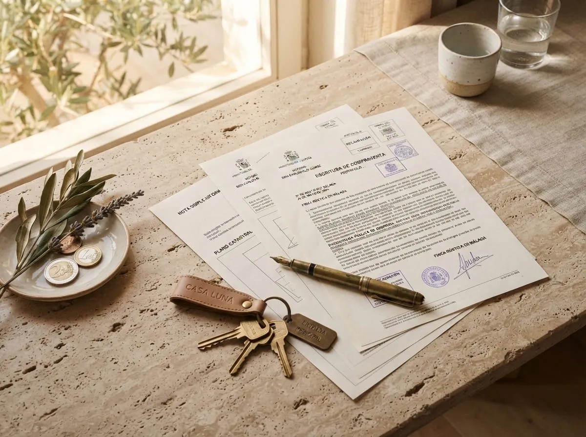 Illustrative image: a purchase deed, land registry papers and keys on a table
